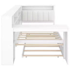 Lit plateforme double en bois Luxystar avec tête de lit capitonnée, 8 étagères de rangement, lit gigogne et bureau
