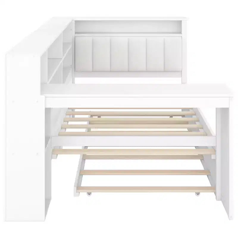 Lit plateforme double en bois Luxystar avec tête de lit capitonnée, 8 étagères de rangement, lit gigogne et bureau