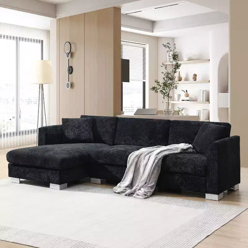 Canapé moderne en forme de L « Nuage » : canapé de luxe 4 places en chenille avec méridienne surdimensionnée, 2 oreillers offerts - Idéal pour salon, appartement, bureau