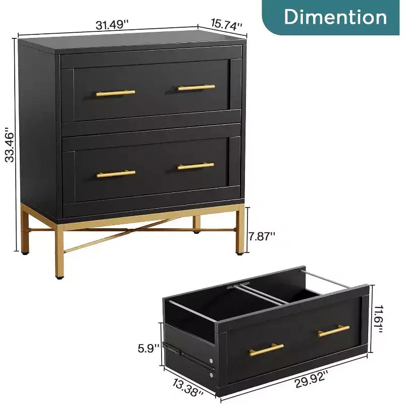 Meuble de classement à 2 tiroirs Lantine, armoire de classement latérale moderne en bois pour documents de format lettre/légal/A4 avec support d'imprimante pour bureau à domicile, noir et or