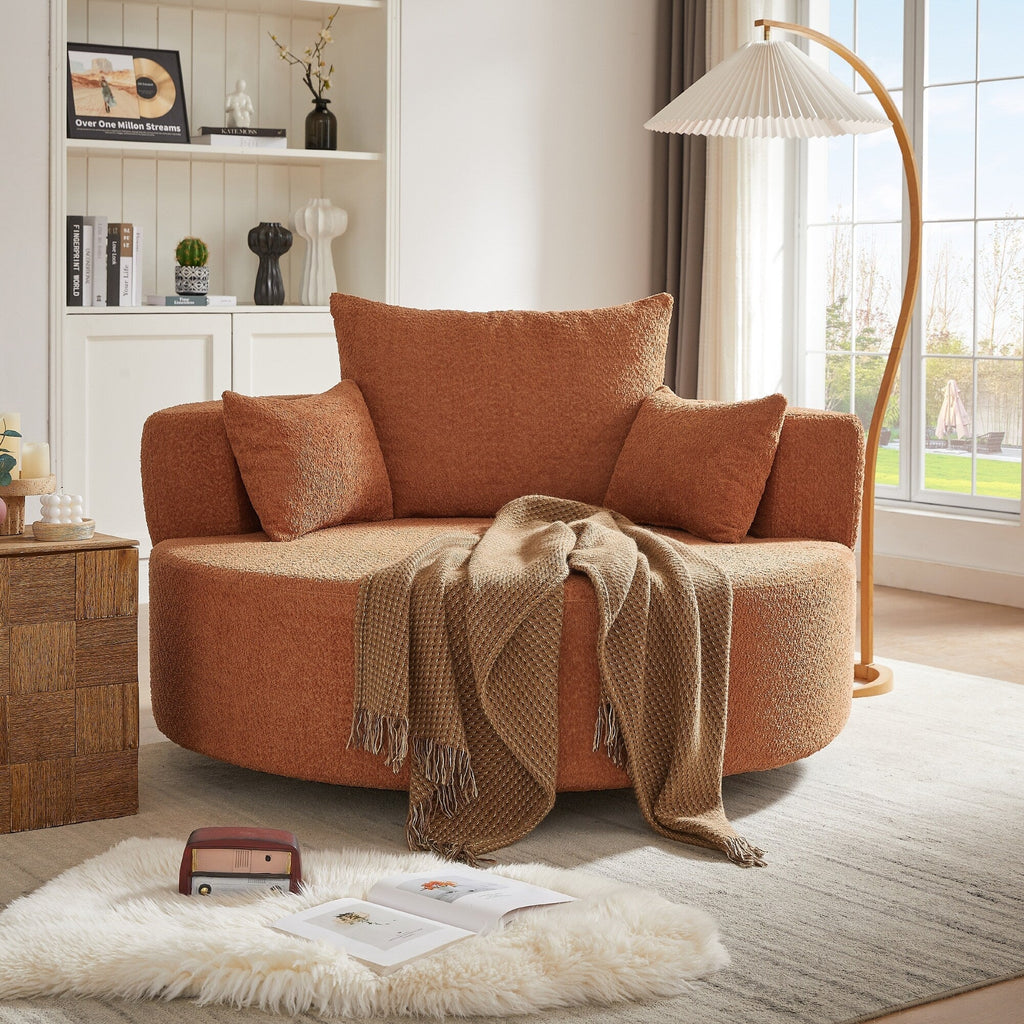Fauteuil baril accent en chenille, Fauteuil de salon, Fauteuil rond avec base pivotante à 360 degrés et 3 coussins amovibles
