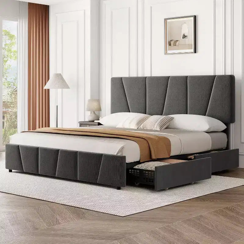 Lit Queen Size avec tête de lit réglable et 4 tiroirs de rangement, cadre de lit plateforme rembourré doux avec support à lattes en bois