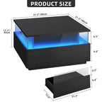 Table basse carrée moderne Moasis avec tiroirs et lumière LED, table de centre en acrylique et bois