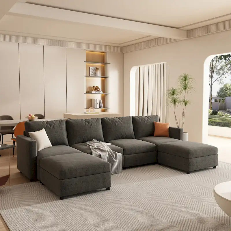 Canapé d'angle modulable 4 places en U gris 123 avec poufs de rangement