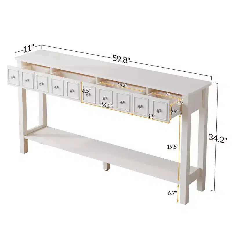 Table d'entrée vintage blanche à 2 niveaux avec 4 tiroirs en MDF 152,5*28*86,4cm