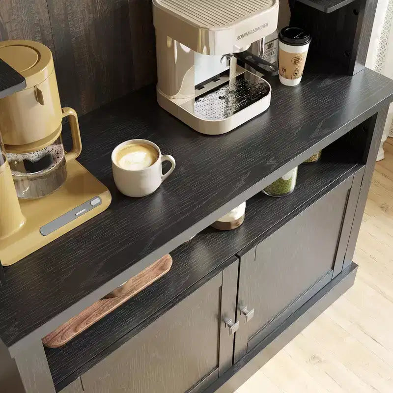 Meuble de bar à café 72" style ferme avec éclairage LED - Grand buffet avec porte-bouteilles et étagère en verre, support pour micro-ondes, garde-manger pour cuisine/salle à manger