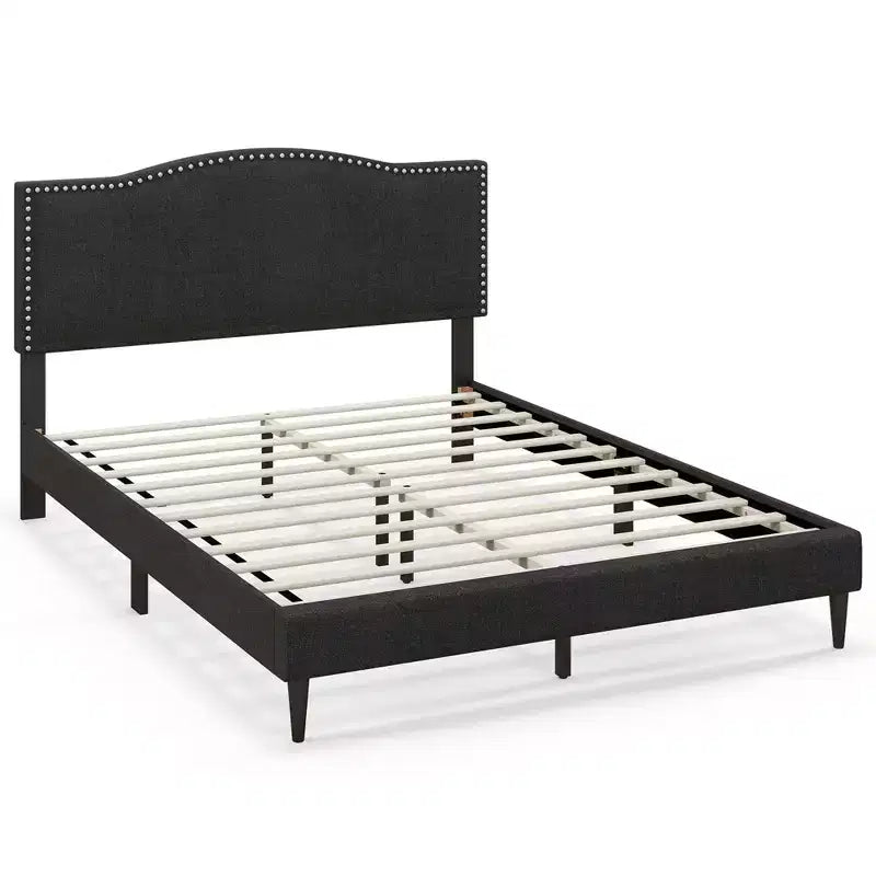 Cadre de lit rembourré Costway Queen Size avec tête de lit cloutée et support à lattes en bois