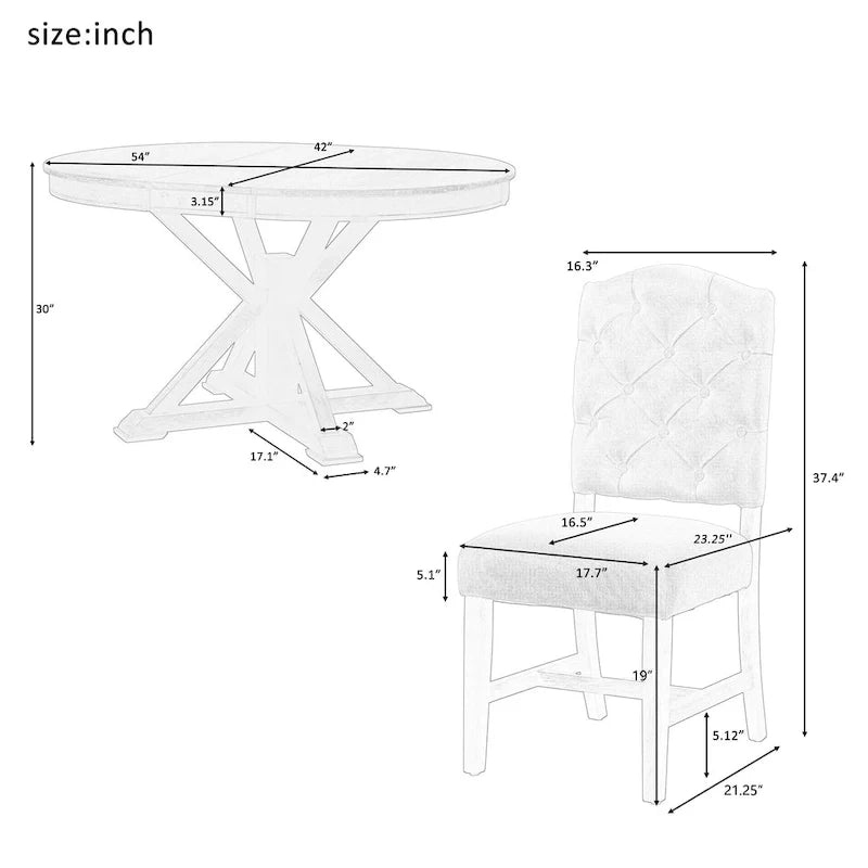 Ensemble de salle à manger 5 pièces en bois de style rétro avec table ronde extensible et 4 chaises, finition bois naturel vieilli