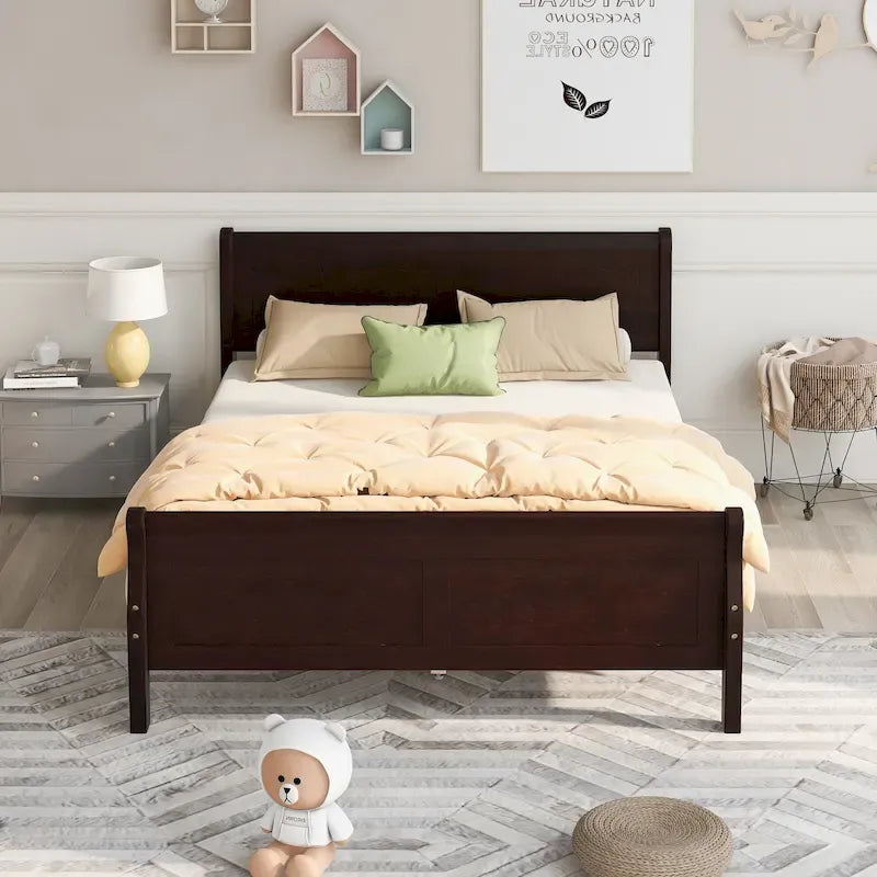 Lit plateforme Queen Size en bois avec tête de lit et lattes de support en bois, chêne