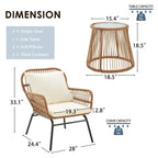 Ensemble de bistro 3 pièces pour terrasse, salon de jardin en rotin tressé avec table en verre et 2 fauteuils larges, coussins d'assise