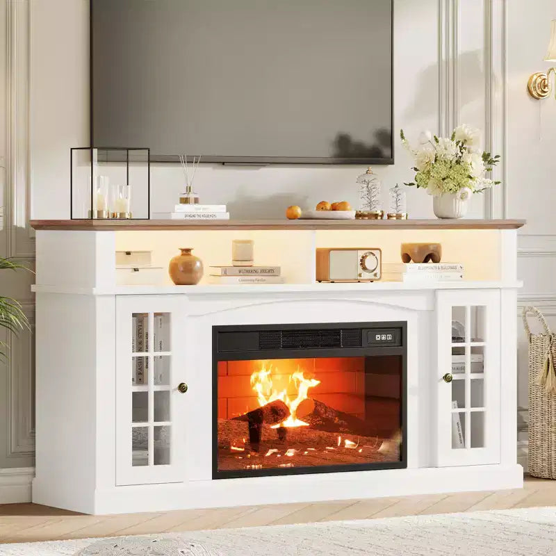 Meuble TV compatible 70 pouces, Console multimédia 58 pouces, Meuble TV moderne effet bois avec lumières LED, Rangement avec portes en verre et étagères réglables
