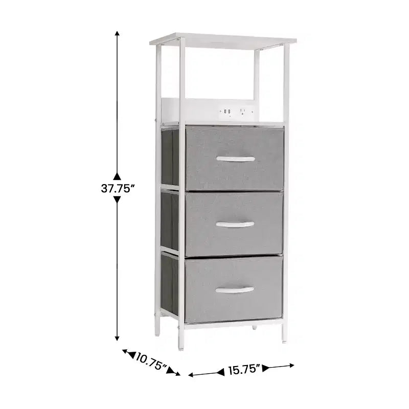 Table de chevet Emma et Oliver avec 3 tiroirs en tissu, station de charge avec 2 ports USB/prise de courant, dessus en bois composite, poignées en bois, cadre en métal