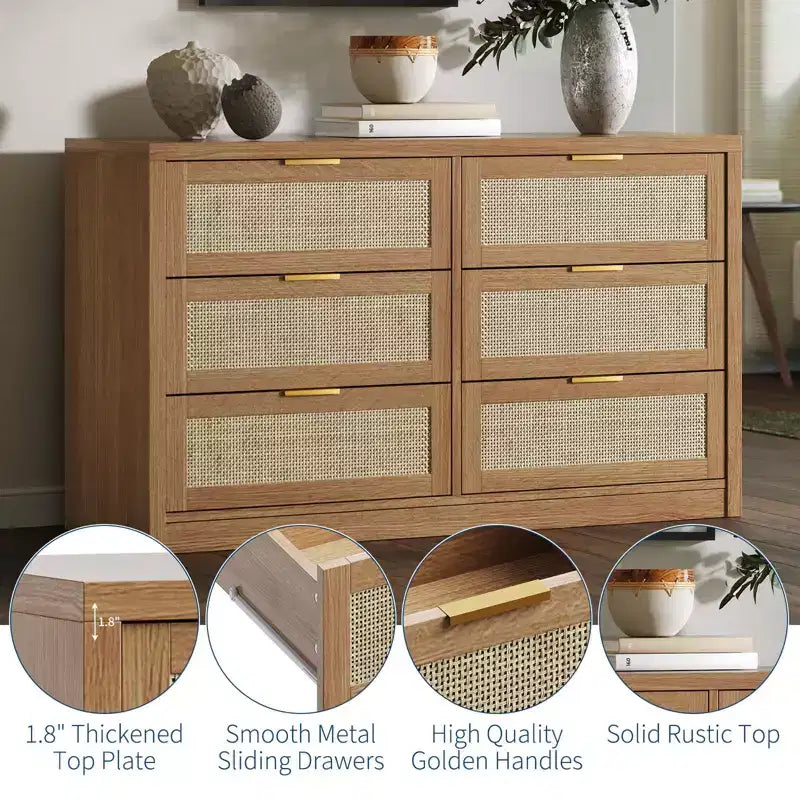 Commode à 6 tiroirs GustoWave pour chambre à coucher, commode en rotin de 133,8 cm de large, en bois avec poignées dorées, meuble TV de style ferme, table d'entrée, chiffonnier