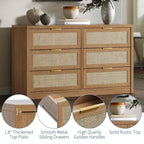 Commode à 6 tiroirs GustoWave pour chambre à coucher, commode en rotin de 133,8 cm de large, en bois avec poignées dorées, meuble TV de style ferme, table d'entrée, chiffonnier