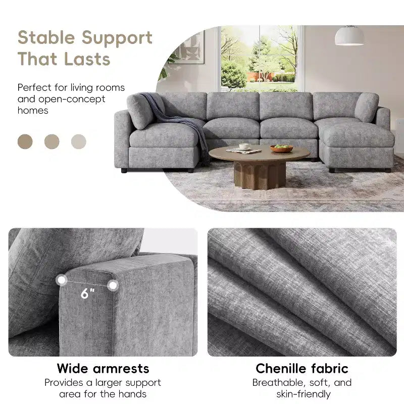 GDFStudio Hudson Canapé modulable d'angle 6 places moderne en chenille convertible en lit en forme de U avec pouf