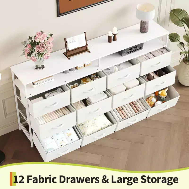 Commode TV de 160 cm en tissu pour chambre à coucher - Commode longue à 12 tiroirs pour salon - Commode noire avec étagères ouvertes