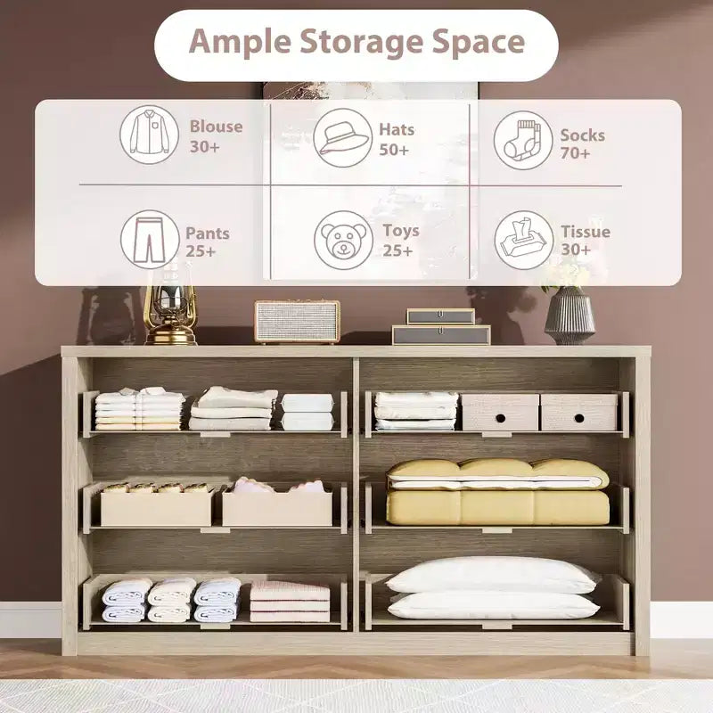 Commode large en bois à 6 tiroirs - Meuble de rangement moderne sans poignée pour chambre, salon, couloir et entrée, grande commode.