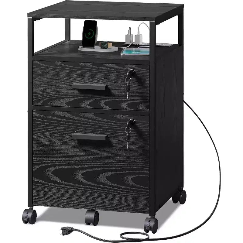 Classeur à 2 tiroirs, support d'imprimante mobile avec étagère de rangement ouverte, meuble de classement en bois pour documents A4 ou format lettre pour bureau à domicile