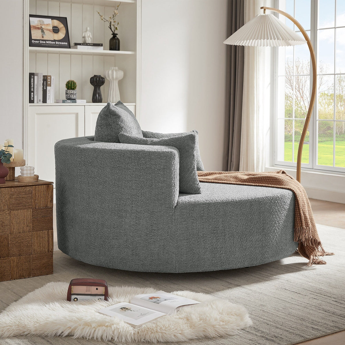 Fauteuil baril accent en chenille, Fauteuil de salon, Fauteuil rond avec base pivotante à 360 degrés et 3 coussins amovibles
