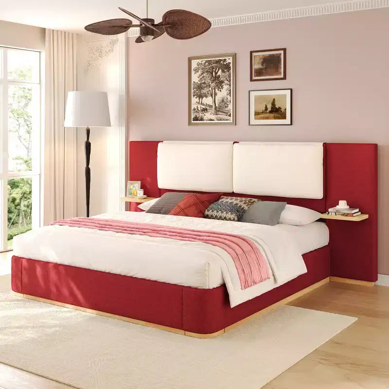 Cadre de lit plateforme capitonné Whisen King Size avec étagères de rangement latérales, tête de lit et panneau en PU doux, anti-collision, assemblage facile