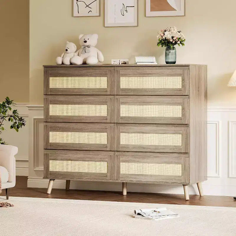 Commode en rotin pour chambre à coucher avec 8 tiroirs, commode de 120 cm de large, commode double en bois moderne avec pieds en bois pour couloir, entrée