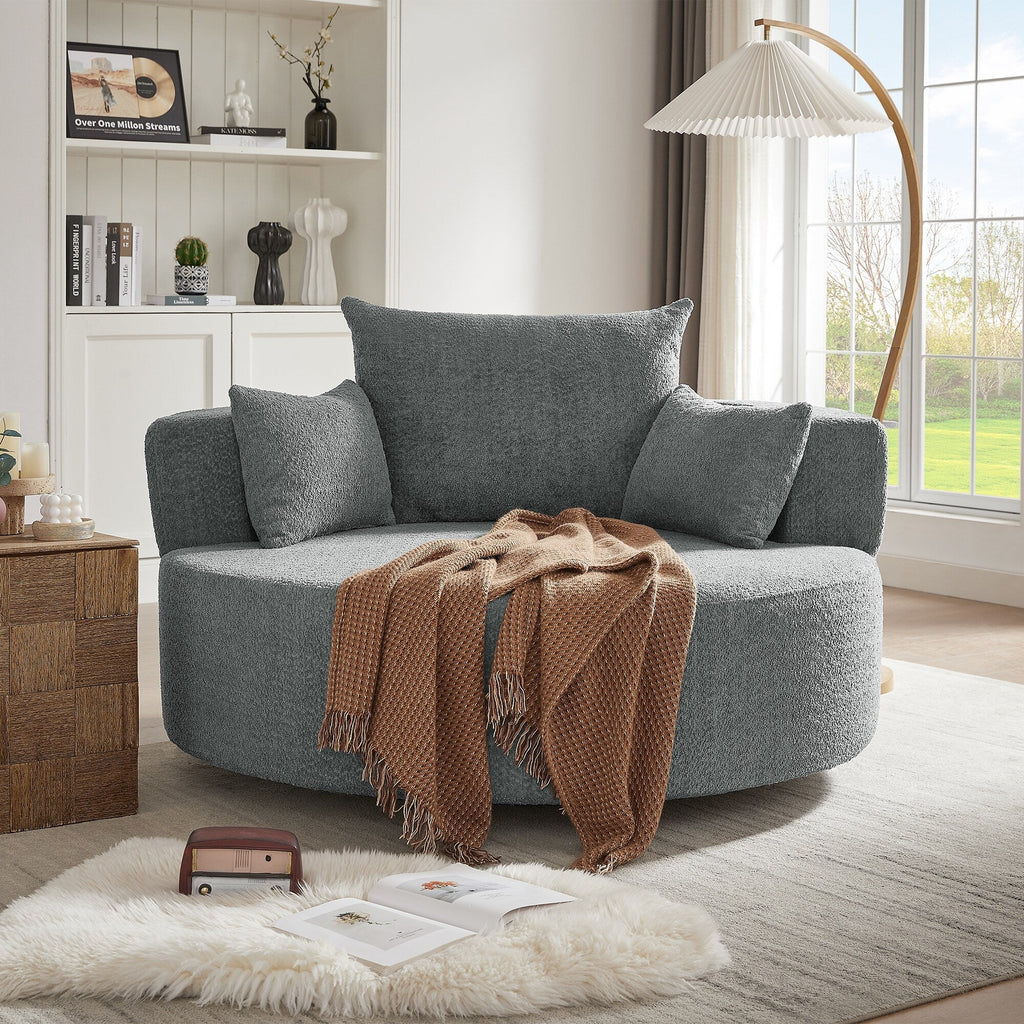 Fauteuil baril accent en chenille, Fauteuil de salon, Fauteuil rond avec base pivotante à 360 degrés et 3 coussins amovibles