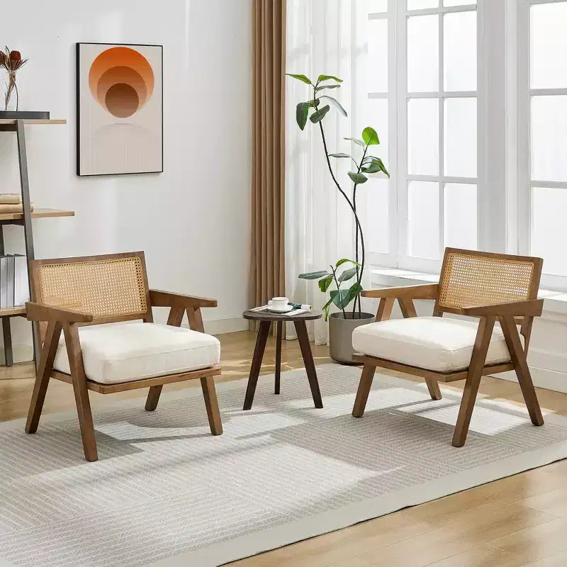 Fauteuil d'appoint de ferme du milieu du siècle - Fauteuil en bois avec dossier en rotin et coussin en lin pour salon, chambre
