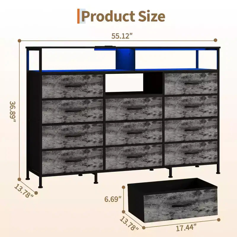 COZONY Meuble TV 55 avec commode en tissu 11 tiroirs et étagères ouvertes, organisateur de rangement pour chambre et salon