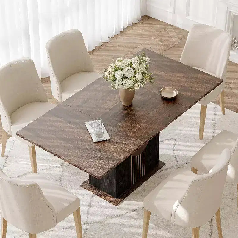 Table à manger rectangulaire Lantine pour 6, ensemble de table de cuisine moderne avec base robuste pour salle à manger, marron et noir