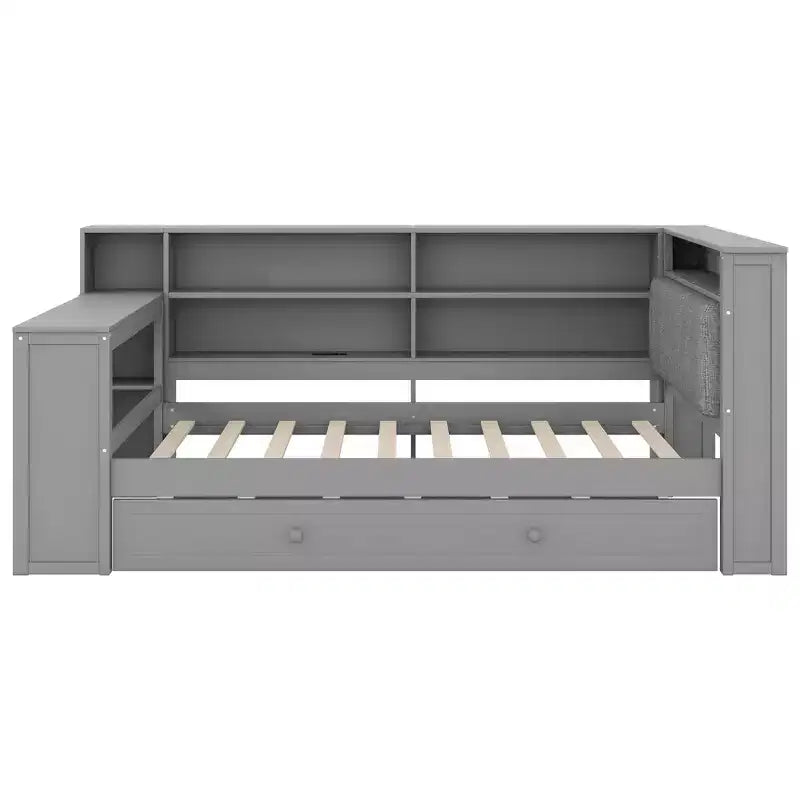 Lit plateforme double en bois Luxystar avec tête de lit capitonnée, 8 étagères de rangement, lit gigogne et bureau