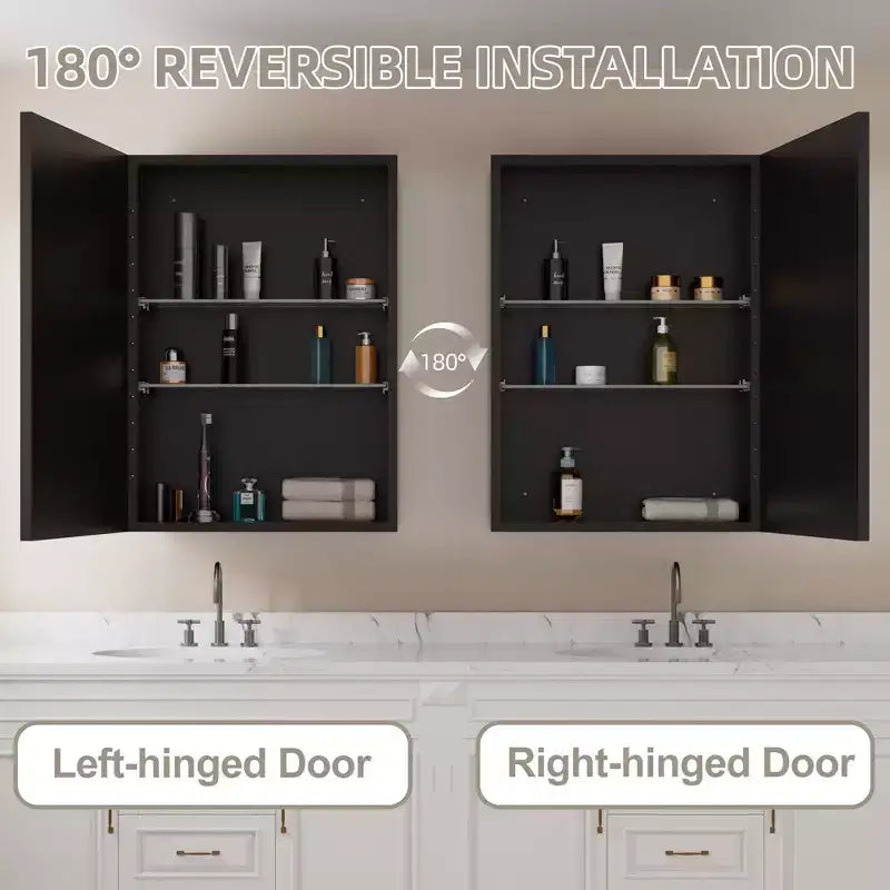 Armoire à pharmacie Elise avec miroir, armoire de salle de bain à montage en surface ou encastré, étagères réglables en verre trempé, réversible