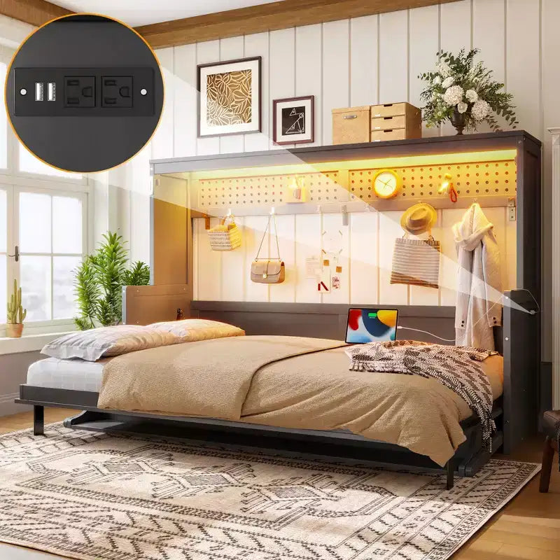 Lit escamotable Dalton en bois GDFStudio avec bureau intégré et station de charge USB