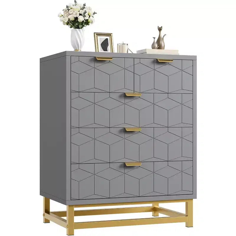 Commode de rangement moderne Acekool à 5 tiroirs avec poignées métalliques pour chambre, salon ou entrée - Blanc avec pieds en métal doré