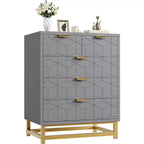 Commode de rangement moderne Acekool à 5 tiroirs avec poignées métalliques pour chambre, salon ou entrée - Blanc avec pieds en métal doré