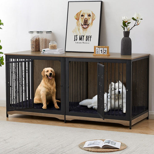 Meuble Cage pour Chien 70.86'' Grande Race Meuble TV avec Coussin & Deux Chambres (Sans Coussin)