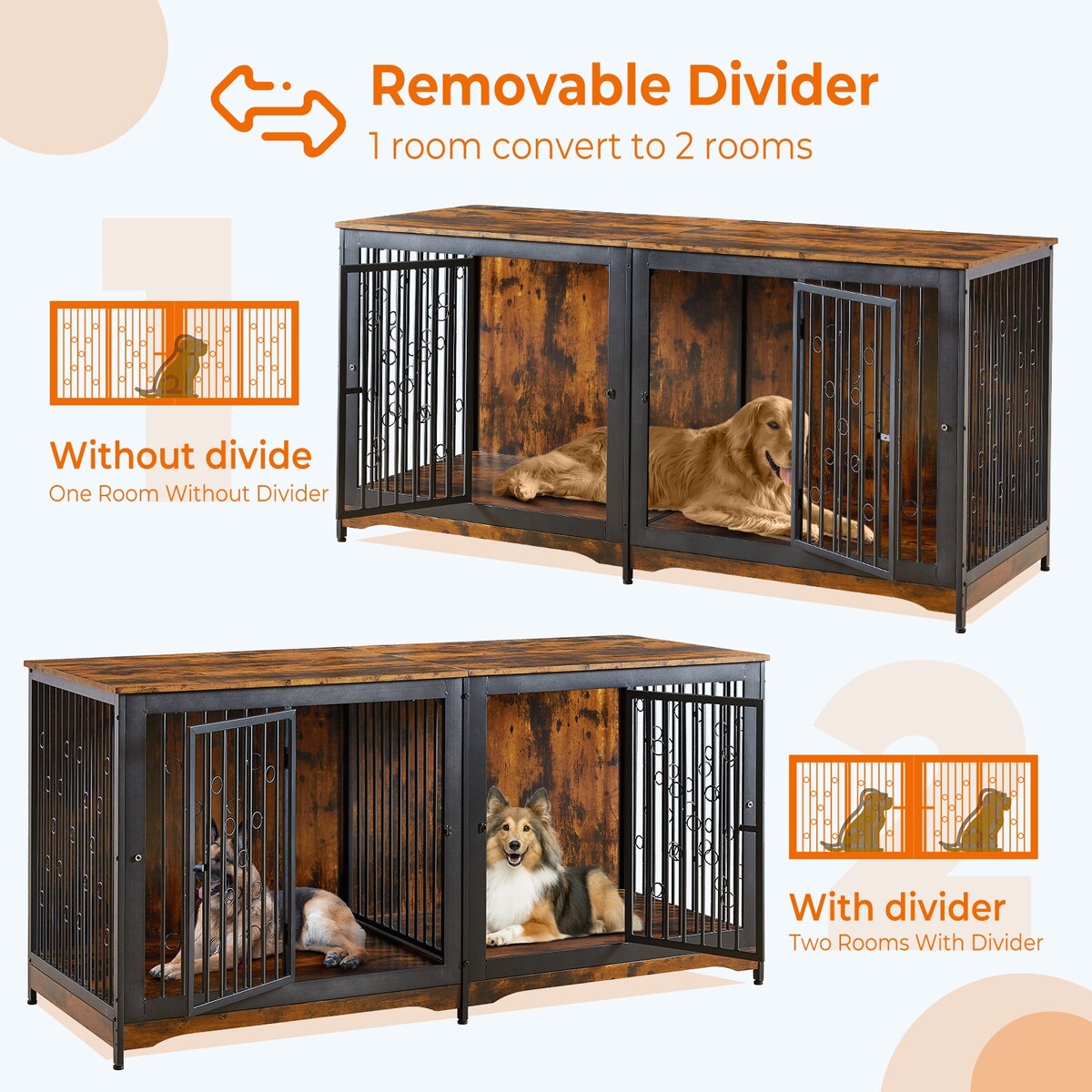 Meuble Cage pour Chien 70.86'' Grande Race Meuble TV avec Coussin & Deux Chambres (Sans Coussin)