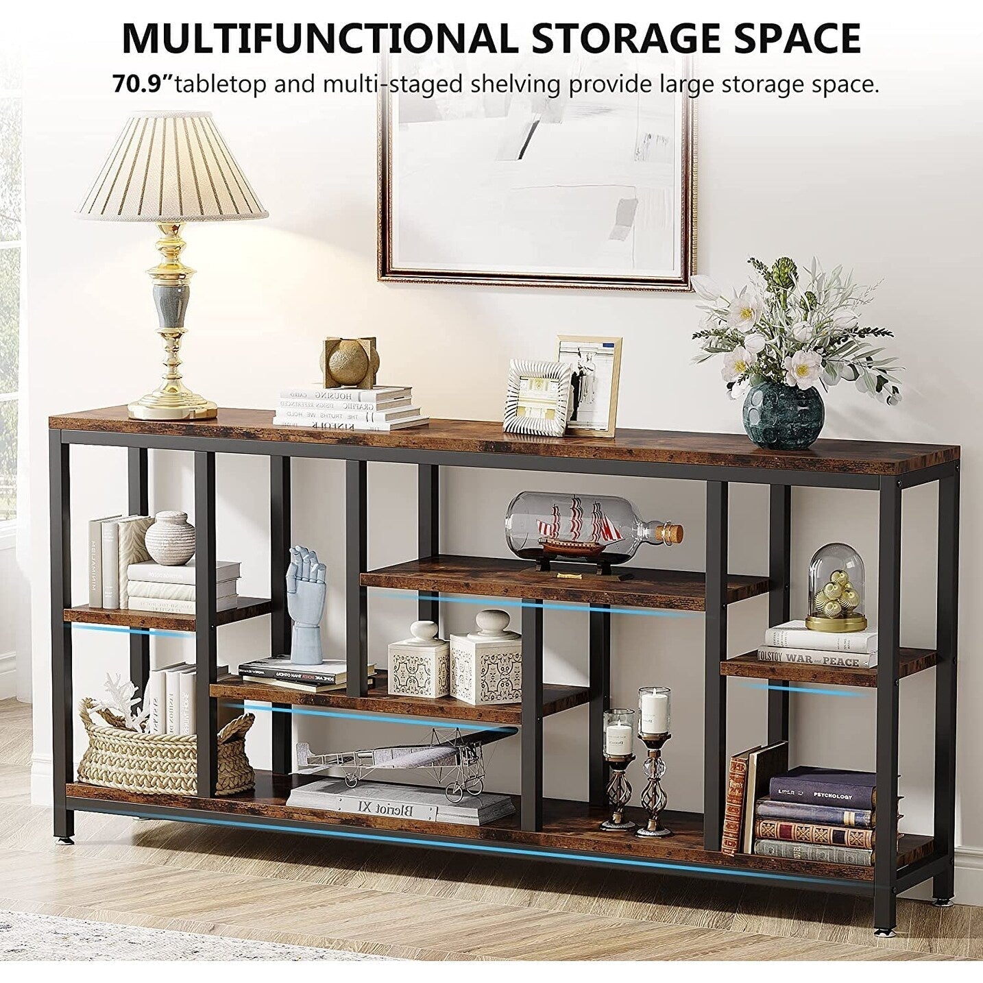 Console extensible de 70,9 pouces avec rangement, table d'entrée à 3 niveaux pour couloir