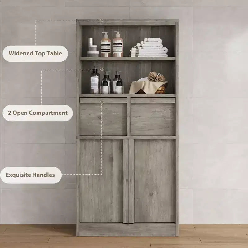 Meuble de Rangement Salle de Bain Haut de 129 cm, Meuble Bas Autonome avec 2 Tiroirs, Meuble de Rangement pour Salon Cuisine Salle de Bain
