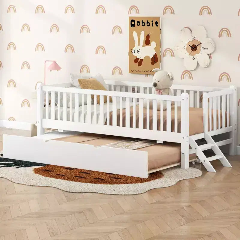 Cadre de lit double avec lit gigogne et garde-corps, lit plateforme bas avec escalier pour garçons et filles