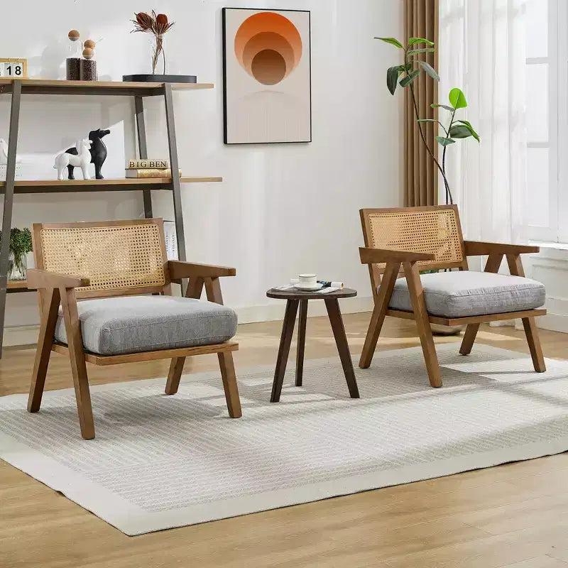 Fauteuil d'appoint de ferme du milieu du siècle - Fauteuil en bois avec dossier en rotin et coussin en lin pour salon, chambre
