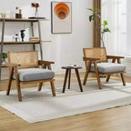 Fauteuil d'appoint de ferme du milieu du siècle - Fauteuil en bois avec dossier en rotin et coussin en lin pour salon, chambre