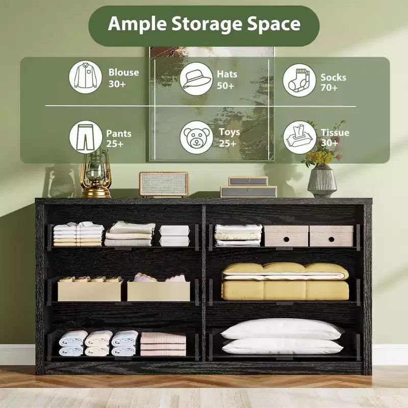 Commode large en bois à 6 tiroirs - Meuble de rangement moderne sans poignée pour chambre, salon, couloir et entrée, grande commode.