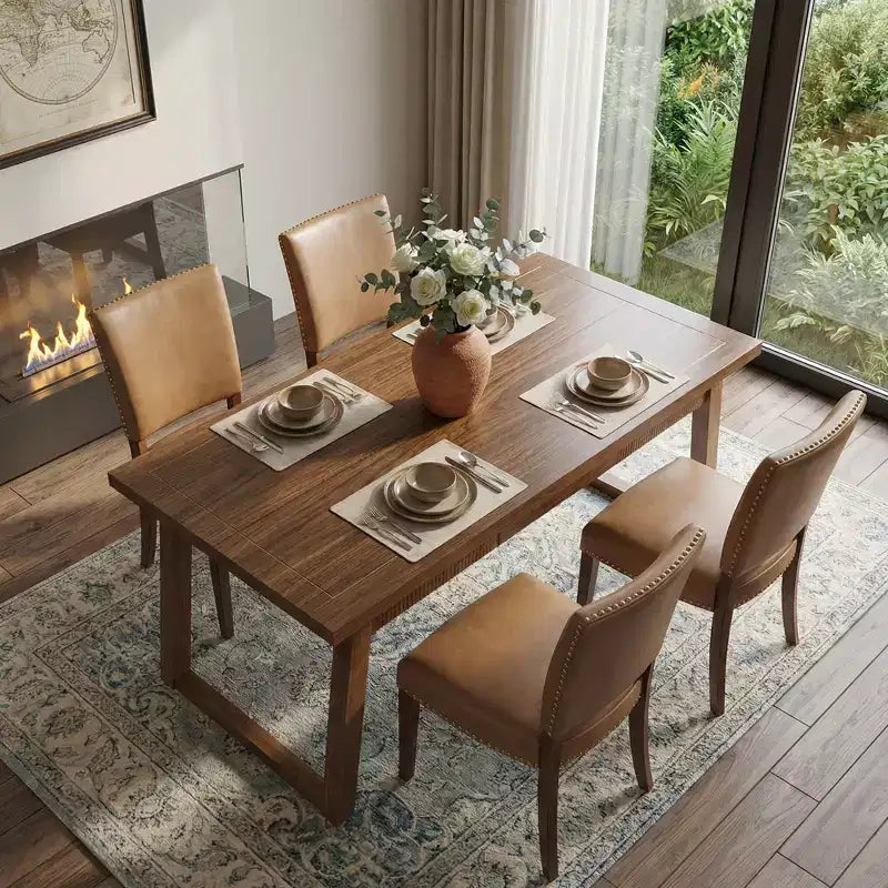 MAYEERTY Table à manger rectangulaire 55, Table à pieds en bois massif avec tiroir pour 4 à 6 personnes