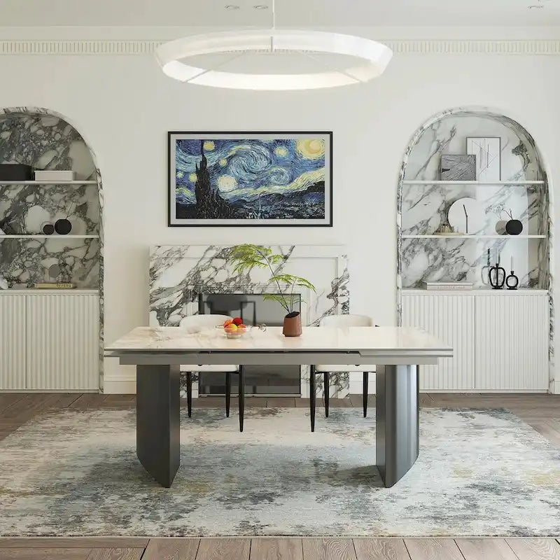 Ensemble de salle à manger extensible moderne et minimaliste 9 pièces 94.48 avec plateau en pierre frittée et double piédestal, avec 8 chaises en tissu
