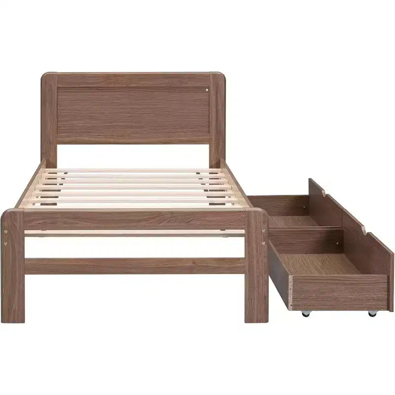 Lit plateforme double Acekool avec 2 tiroirs de rangement gigognes, tête de lit, cadre robuste, aucun sommier tapissier requis, gain de place pour chambre d'enfants ou d'amis