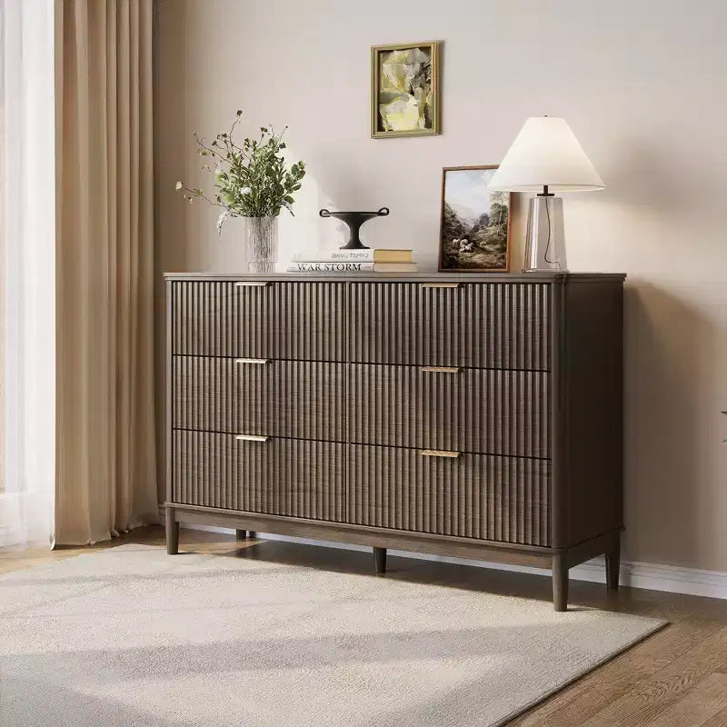 Commode LINSY HOME à 6 tiroirs cannelés pour chambre à coucher, grande commode de style moderne du milieu du siècle avec poignées en métal doré, commodes larges en bois de style bohème