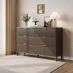 Commode LINSY HOME à 6 tiroirs cannelés pour chambre à coucher, grande commode de style moderne du milieu du siècle avec poignées en métal doré, commodes larges en bois de style bohème