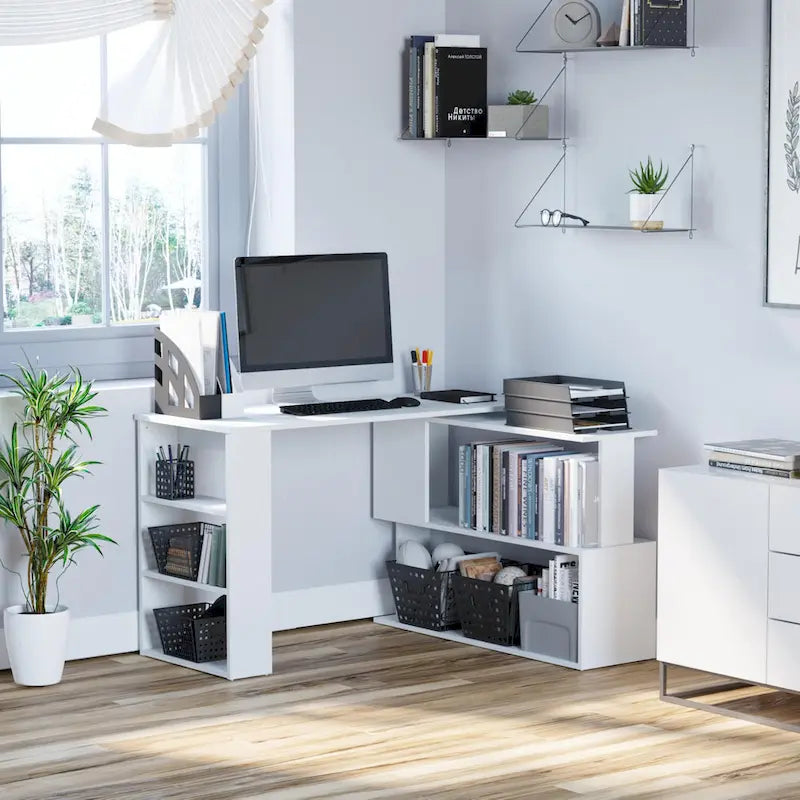 Bureau d'angle en L rotatif à 360° HOMCOM : Blanc, avec étagères de rangement