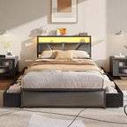 Cadre de lit double Qwatto avec 6 tiroirs, station de charge, lumières LED, tête de lit rembourrée en cuir PU, plateforme en métal, pas besoin de sommier.