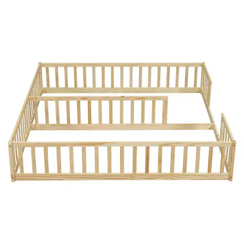 Lit double Bellemave avec barrières de sécurité, en pin et bois composite, naturel et gris, sûr, robuste, peu encombrant, assemblage facile pour enfants